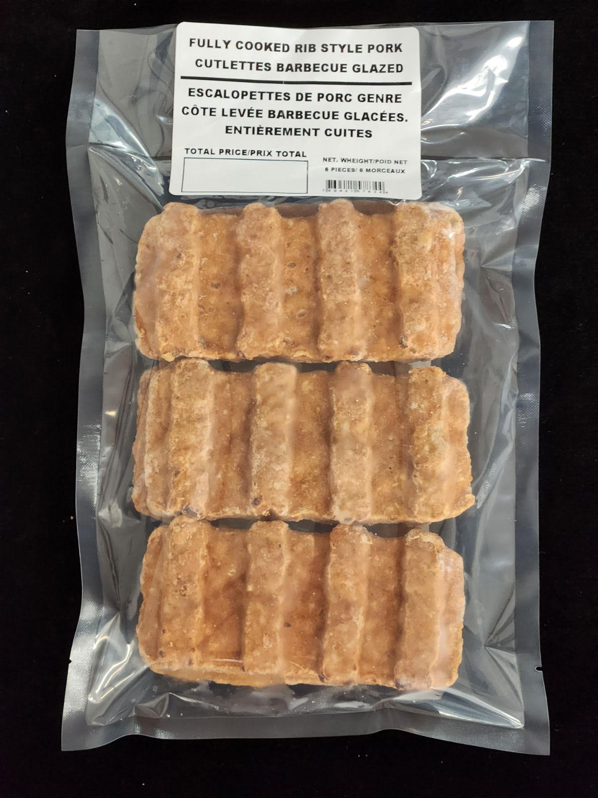 Escalopettes de porc genre côte levée BBQ glacée - Fully Cooked Rib Style Pork Cutlettes BBQ Glazed - 6 morceux / 6 pieces